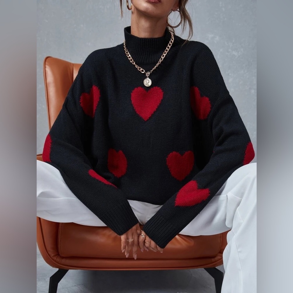 Heart Pattern Mock Neck Drop Shoulder Sweater
